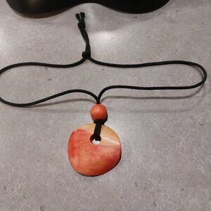 Women's Red Orange Yellow Round Wood Pendant w/Black Cord w/Wood Ball - NWOT